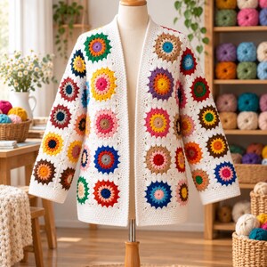 Colorful Granny Square Cardigan Crochet Pattern, Flower Granny Square Jacket Crochet PDF, Boho Sunburst Crochet Cardigan Pattern