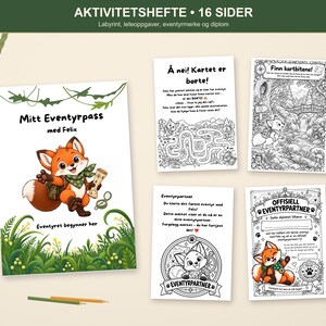 Puede incluir: Un cuadernillo de actividades de 16 páginas titulado "Mitt Eventyrpass med Felix" que incluye un personaje de zorro, un laberinto, un juego de búsqueda "Finn kartbitene!", una página para colorear "Eventyrpartner" y un certificado "Offisiell Eventyrpartner".