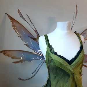 May include: A pair of iridescent fairy wings with brown and white accents attached to a green dress on a white dress form.