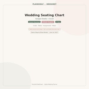 Könnte beinhalten: Eine digitale Vorlage für einen Hochzeitssitzplan für Google Sheets und Excel. Das Dokument enthält den Text Wedding Seating Chart, Instant Download, Editable Template, 5 Tabs und eine Demo für Maya & Ethan Brooks vom 14. Juni 2027.