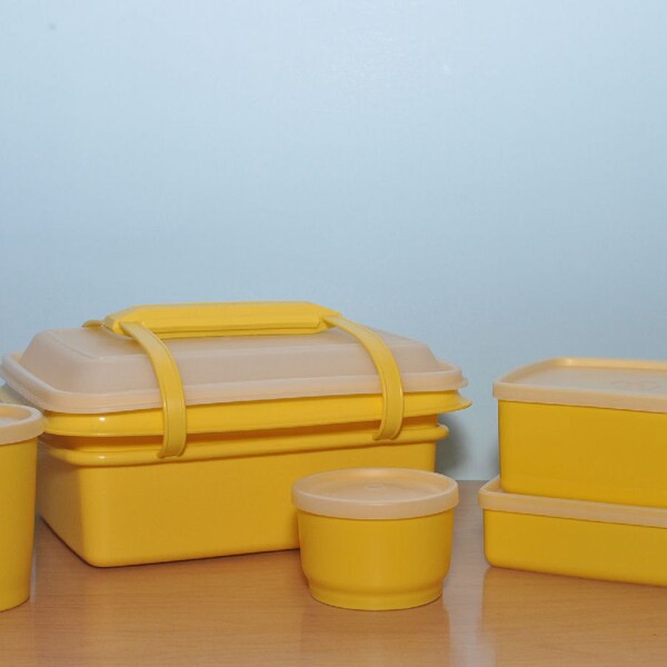 Vintage Tupperware Lunch box and Accessories NEVER USED in a Bright Sunny Yellow