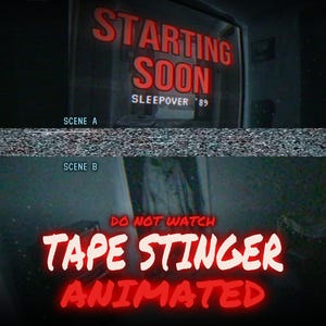 May include: A digital graphic featuring a split-screen video effect with static noise. The top panel displays the red text STARTING SOON SLEEPOVER '89. The bottom panel shows the red text DO NOT WATCH TAPE STINGER ANIMATED.