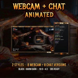 May include: Animated webcam and chat overlay for streaming featuring a dark, cozy room with a television, pumpkins, and snacks. Text includes WEBCAM + CHAT ANIMATED, 2 STYLES, 8 WEBCAM + 8 CHAT VERSIONS, BLACK + WARM DARK, 16:9 + 4:3, OBS READY.