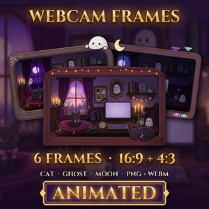 May include: A set of digital webcam frames featuring a purple-toned room with a computer desk, a black cat, a ghost, and a moon. The text reads WEBCAM FRAMES, 6 FRAMES, 16:9 + 4:3, CAT, GHOST, MOON, PNG + WEBM, and ANIMATED.