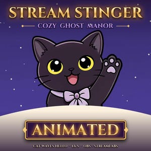Könnte beinhalten: Eine digitale Grafik mit einer schwarzen Katze mit großen gelben Augen und einer hellvioletten Fliege, die mit einer Pfote winkt. Der Text lautet STREAM STINGER, COZY GHOST MANOR, ANIMATED, CAT WAVES HELLO, 1.6 S, OBS, STREAMLABS.