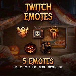 May include: A set of five digital Twitch emotes featuring a ghost, a vintage television with a face on the screen, a bucket of popcorn, a jack-o'-lantern, and a video camera. The text reads TWITCH EMOTES, 5 EMOTES, 112, 56, 28 PX, PNG, TWITCH, DISCORD, KICK.