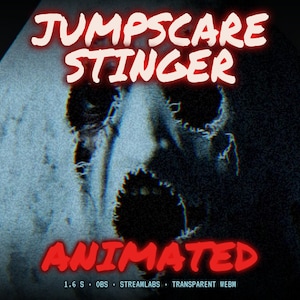 May include: A digital graphic featuring the text JUMPSCARE STINGER in red at the top and ANIMATED at the bottom. The center displays a grainy, high-contrast, distorted face with dark hollow eyes and an open mouth. Text at the bottom reads 1.6 S OBS STREAMLABS TRANSPARENT WEBM.