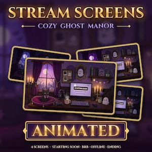 Écrans d'incrustation pour stream d'Halloween, Manoir hanté | Scènes Twitch animées mignonnes : Démarrage imminent, À tout de suite, Hors ligne, Fin du stream (4 écrans)