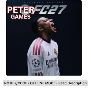 Könnte beinhalten: Ein Videospiel-Cover für FC27 Ultimate Edition mit einem Spieler im weißen Real Madrid Trikot mit rosa Streifen, dem Text PETER GAMES und einem Banner mit der Aufschrift NO KEY/CODE • OFFLINE MODE • Read Description vor dunklem Hintergrund.