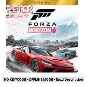 Puede incluir: Una portada de videojuego para Forza Horizon 6 con un coche deportivo rojo derrapando en una carretera con una montaña al fondo. El texto dice PETER GAMES, PREMIUM, FORZA HORIZON 6 y NO KEY/CODE • OFFLINE MODE • Read Description.