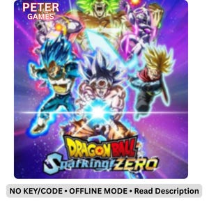 Może przedstawiać: Cyfrowa grafika do gry Dragon Ball Sparking! ZERO przedstawiająca wiele postaci z anime w dynamicznych pozach na tle fioletowej energii. Tekst zawiera napisy PETER GAMES, DRAGON BALL SPARKING! ZERO oraz NO KEY/CODE • OFFLINE MODE • Read Description.