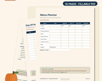 Thanksgiving-planner voor gastheer/gastvrouw, invulbaar PDF-bestand — Tijdschema voor het kalkoendiner, menuplanner, boodschappenlijst, tafelindeling, geen app nodig