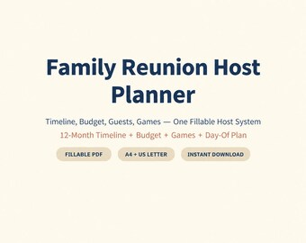 Printbare planner voor familiereünies, invulbare planner voor de gastheer/gastvrouw, checklist voor de reünieplanning en budget.