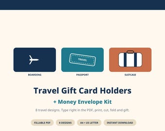 Printbare houder voor reiscadeaubonnen, geld enveloppenset, invulbaar PDF-bestand