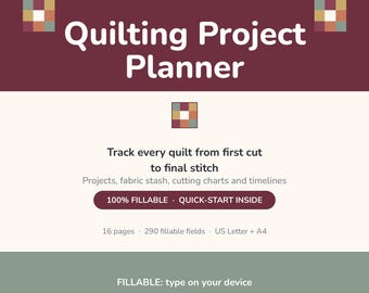Printbare quiltprojectplanner, invulbare quiltplanner met stofvoorraadtracker, quiltdagboek, snijschema, UFO WIP-tracker