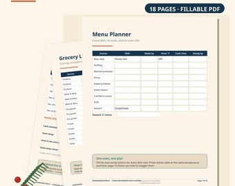 Planner voor het kerstdiner (invulbaar PDF-bestand) — Menuplanner, ovenschema, boodschappenlijst, tafelindeling, geen app nodig