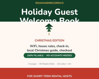 Kerstgastenwelkomstboek, map met huisregels voor vakantiewoningen, invulbare gids voor verhuurders, wifi-boekje, kersteditie