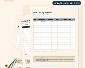 Cadeaulijstplanner voor Kerstmis, invulbaar PDF-bestand — Cadeaubudget, kleine cadeautjes voor in de kerstsok, kaartenlijst, geen app nodig