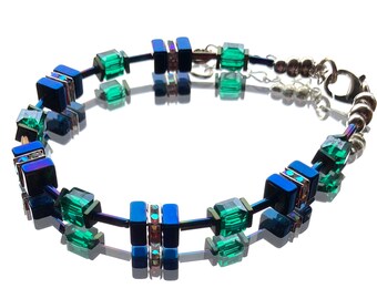 Blue and Green Hematite and Crystal cube Bracelet 20202BR