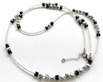 Long Silver and Black Crystal and Pearl Necklace 20205N