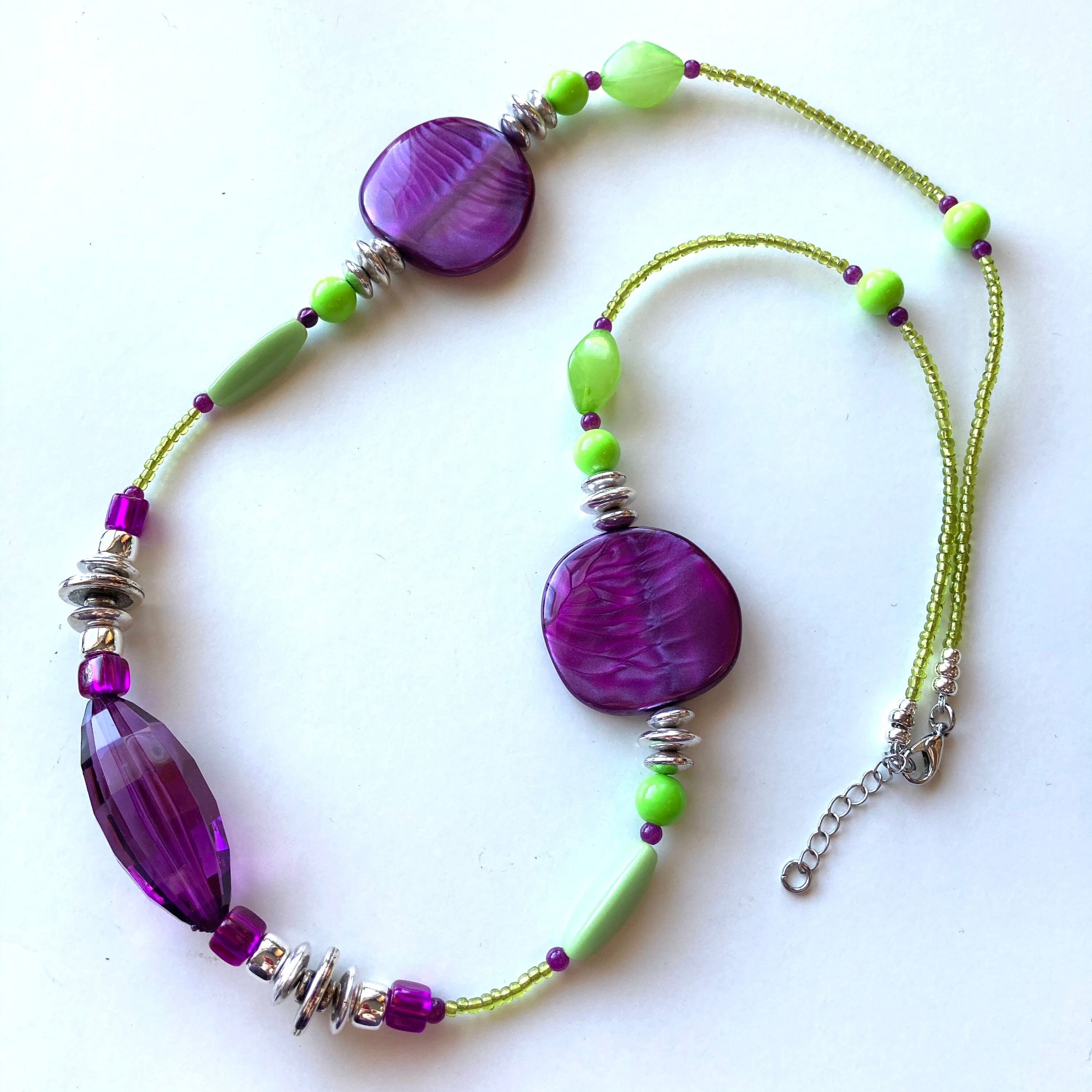 Long Bright Green Purple and Lime Green Necklace 21112N Etsy