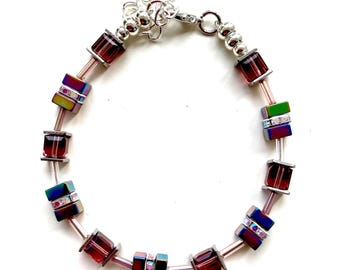 Pink & Rainbow Hematite Gemstone and Crystal cube Bracelet 20203BR