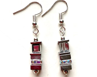Rainbow and Pink Hematite Gemstone and Crystal cube Earrings 20203ER