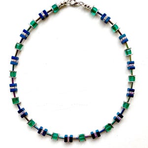 Blue and Green Hematite Gemstone and Crystal Cube Necklace 20202N