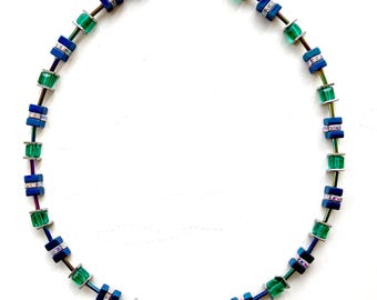 Blue and Green Hematite Gemstone and Crystal Cube Necklace 20202N