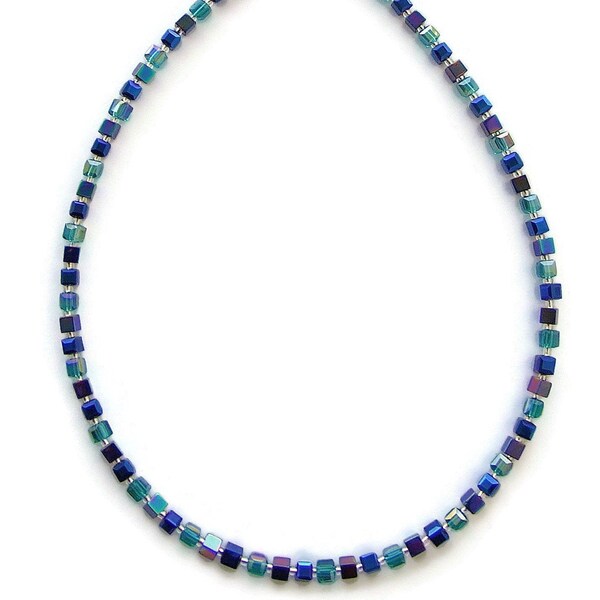 Teal and Blue Crystal and Hematite Cubes Necklace - 19222N