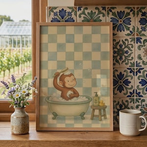 May include: A framed wall art print featuring a brown monkey sitting in a clawfoot bathtub filled with white bubbles. The monkey holds a brush, and a small wooden stool holds a bottle and a yellow rubber duck against a blue checkered background.