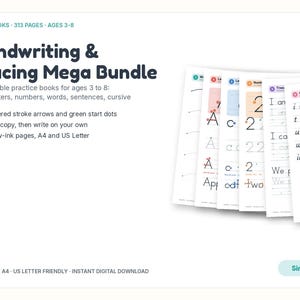 Pode incluir: Handwriting & Tracing Mega Bundle com 10 livros de exercícios imprimíveis de 313 páginas para idades de 3 a 8 anos. Inclui linhas, letras, números, palavras, frases e exercícios de escrita cursiva com setas numeradas e pontos verdes.
