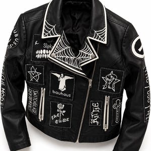 Gothic Punk Cowhide Leather Biker Jacket, Black Spiderweb Patchwork Moto Jacket