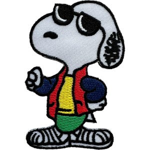 May include: An embroidered patch featuring a white cartoon dog wearing black sunglasses, a red vest over a yellow shirt, and green shorts. The dog has black ears and is standing with one hand raised in a thumbs-up gesture, outlined in thick black thread.
