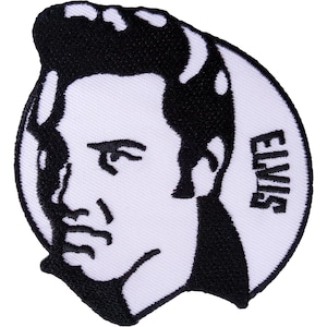 May include: A circular embroidered patch featuring a black and white graphic illustration of a person with a pompadour hairstyle. The word ELVIS is stitched in black capital letters on the right side against a white background.