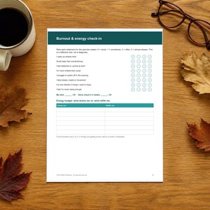 May include: A white paper sheet titled Burnout & energy check-in with a dark teal header. The document includes a numbered rating scale for statements about fatigue and stress, plus an energy budget table for tracking drains and refills.
