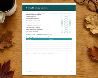 May include: A white paper sheet titled Burnout & energy check-in with a dark teal header. The document includes a numbered rating scale for statements about fatigue and stress, plus an energy budget table for tracking drains and refills.
