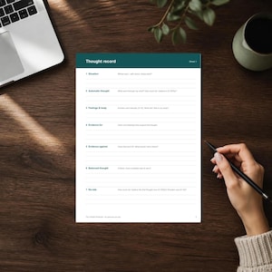 May include: A white paper thought record worksheet with a dark teal header. The document features seven numbered sections including Situation, Automatic thought, Feelings & body, Evidence for, Evidence against, Balanced thought, and Re-rate.