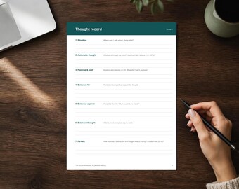 May include: A white paper thought record worksheet with a dark teal header. The document features seven numbered sections including Situation, Automatic thought, Feelings & body, Evidence for, Evidence against, Balanced thought, and Re-rate.