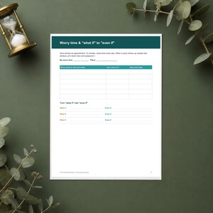 May include: A white paper worksheet titled Worry time & "what if" to "even if" with a dark teal header. It includes sections for scheduling worry time, a table for tracking worries, and lines to convert "what if" thoughts into "even if" statements.