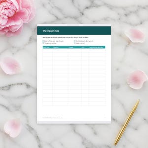 May include: A white paper worksheet titled My trigger map with a dark teal header. The document features checkboxes for trigger categories and a grid with columns for date, time, situation, thought, 0-10 scale, and new response next time.