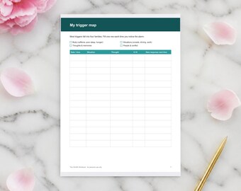 May include: A white paper worksheet titled My trigger map with a dark teal header. The document features checkboxes for trigger categories and a grid with columns for date, time, situation, thought, 0-10 scale, and new response next time.