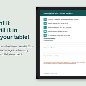 May include: A digital document displayed on a tablet screen titled In the moment: the C.A.L.M.A. protocol. The page includes a five-step guide with the acronym C.A.L.M.A. and a personal crisis plan section with blank lines for written entries.