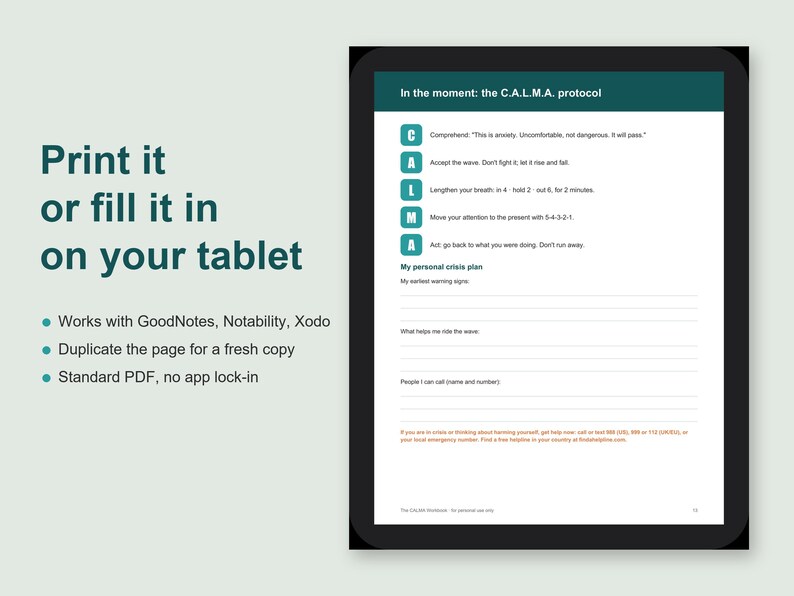 May include: A digital document displayed on a tablet screen titled In the moment: the C.A.L.M.A. protocol. The page includes a five-step guide with the acronym C.A.L.M.A. and a personal crisis plan section with blank lines for written entries.