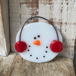 Fused glass snowman ornament with red earmuffs image 1