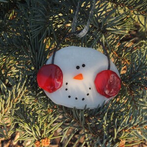 Fused glass snowman ornament with red earmuffs image 2