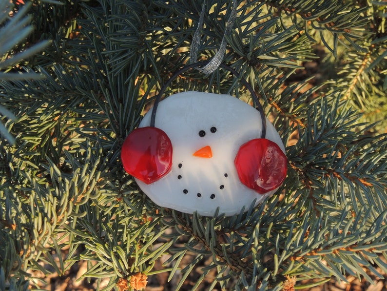 Fused glass snowman ornament with red earmuffs image 2