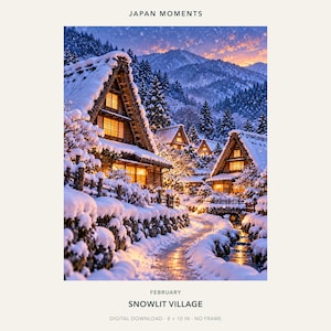 Snöbelyst by japansk väggkonst, halmtak vinteraffisch digital nedladdning