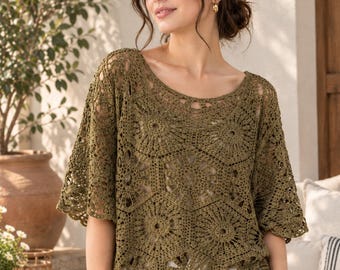 Crochet Blouse, Boho Floral Crochet Top, Lace Openwork Shirt, Summer Top, Cotton Women's Crochet Lace top