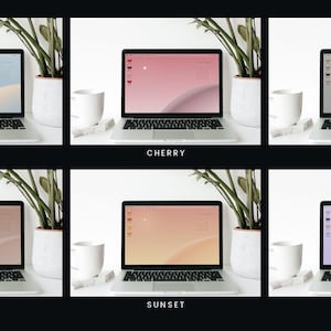 Op de afbeelding: Een raster van zes laptops met digitale bureaubladachtergronden in verschillende kleurenpaletten met de labels Coastal, Cherry, Beige, Mocha, Sunset en Lavender. Elk scherm toont een zacht verloop met een gebogen vorm en iconen.